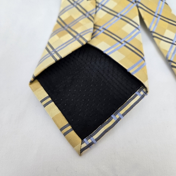 Geoffrey Beene Men's Preppy Yellow Gold Blue Plaid Checkered Silk Career Tie Y2K - Picture 5 of 6
